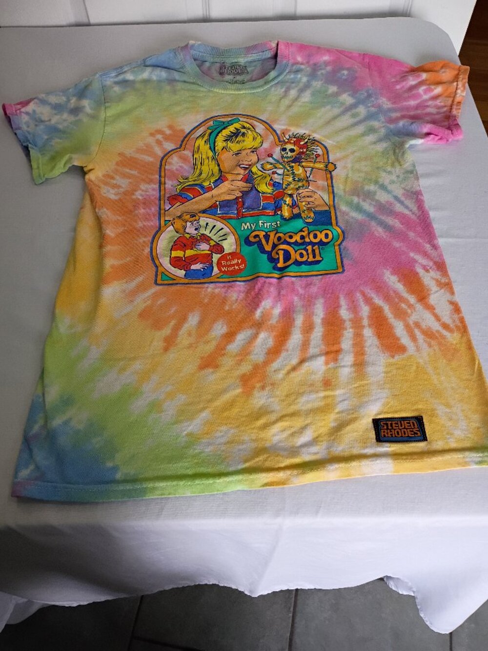 STEVEN RHODES TIE DYE "MY FIRST VOODOO DOLL" T- SHIRT SMALL